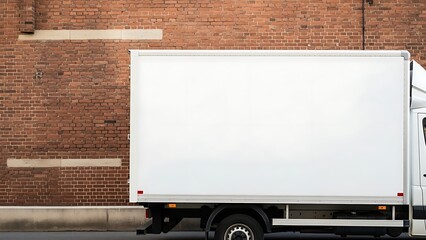 White Delivery Truck Parked Against a Brick Wall on a Sunny Day.