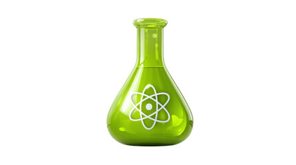 Green chemistry flask with atomic symbol representing science research laboratory innovation education experiment concept on white background