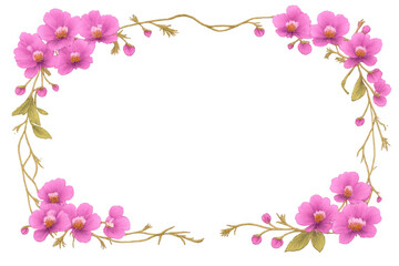 Pink blooming floral frame creating a graceful border, with green leaves and delicate vines, for wedding and greeting card designs