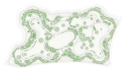 Top-down architectural plan of a lush green park with winding paths and water features