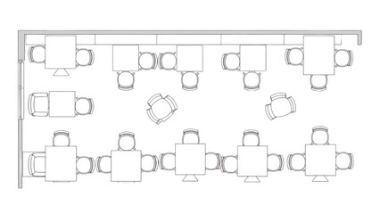 Office layout plan with cubicles and meeting tables for corporate environment