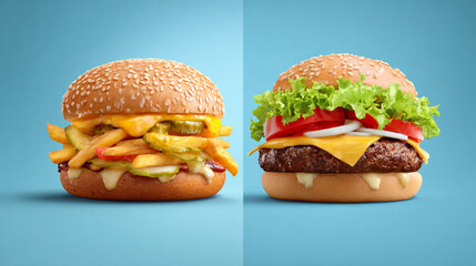 Indulgent cheeseburger overflowing with fries and pickles alongside a classic fresh veggie burger, showcasing diverse fast food preferences on a bright blue background.