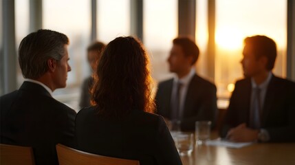 Obraz premium Professionals in a business meeting around a conference table illuminated by the warm glow of a golden hour sunset
