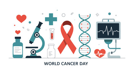 World Cancer Day: Symbolism of hope and science, with medical tools, red ribbon, heart shape in a visually striking layout. 