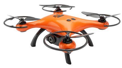 Modern orange quadcopter drone aerial technology camera surveillance flying device innovation professional gadget isolated studio object on white background