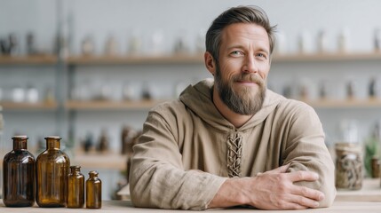 Man in Medieval Robes with Beard Smiling Behind Wooden Counter with Amber Bottles