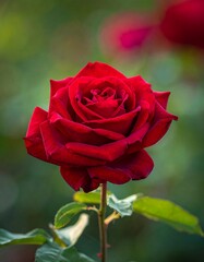 Close-up of a vibrant red rose in full bloom, soft background
