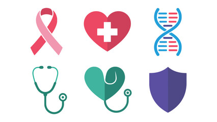 Healthcare Icons: A collection of health and medical symbols, including ribbons, hearts, and DNA strands, representing health, medicine, and support.