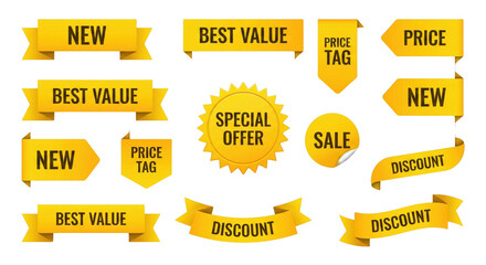 Collection of yellow promotional ribbons stickers and banners for special offers and marketing announcements