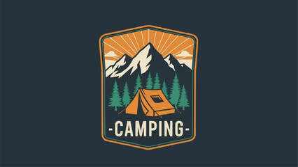 Camping adventure emblem with tent mountains and forest.
