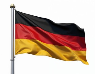 German flag waving on flagpole against white background. Black, red, and gold horizontal stripes ripple gently in the breeze. It is a national symbol of Germany.