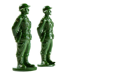 Green plastic toy soldiers standing military figures vintage army concept childhood nostalgia collectible miniatures isolated studio photography on white background