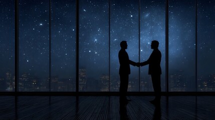 Fototapeta premium Two silhouetted businessmen shake hands in a modern office against a starry night city skyline