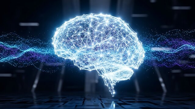 Futuristic glowing digital brain illustration with interconnected lines representing artificial intelligence, neural networks, and advanced technological innovation - Powered by Adobe