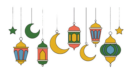 Eid Mubarak Festive Lanterns and Crescent Moon Decorations: Elegant, colorful lanterns and crescent moons are suspended delicately in the air, creating a serene and celebratory atmosphere