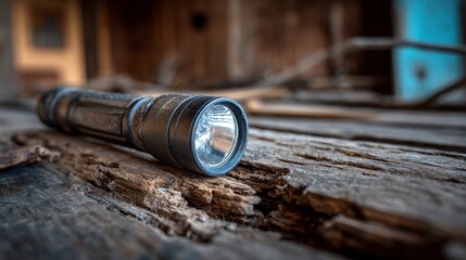 Close-up of a black metallic handheld device lying on weathered, aged wooden planks inside a rustic, abandoned structure with a blurred backdrop