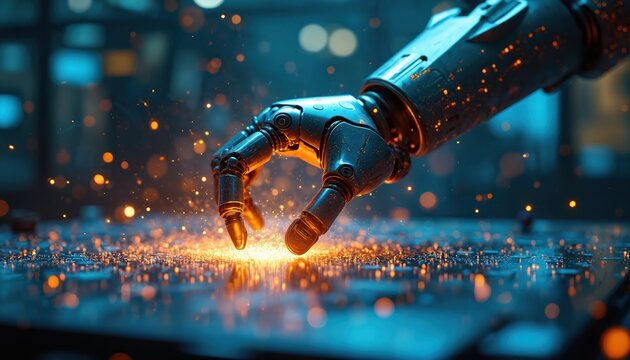 Robotic arm interacts with glowing digital circuit board emitting sparks. Advanced AI system works on futuristic data processing. Cybernetic machine creates new tech. Future innovation concept. - Powered by Adobe
