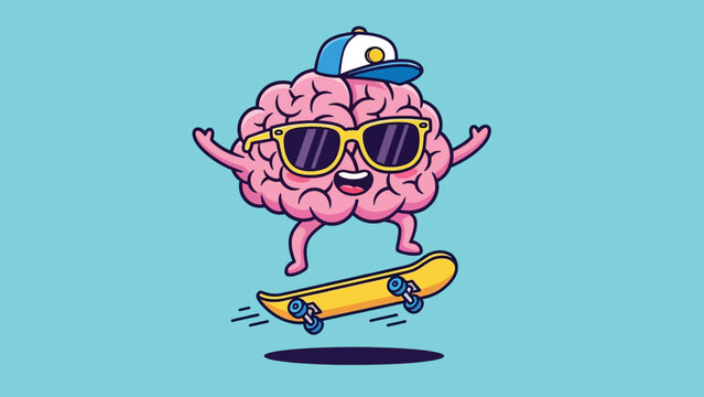 Cool cartoon brain character wearing sunglasses and a cap skateboarding with joy.