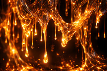 Flowing molten metal streams glowing with intense heat and liquid gold reflections