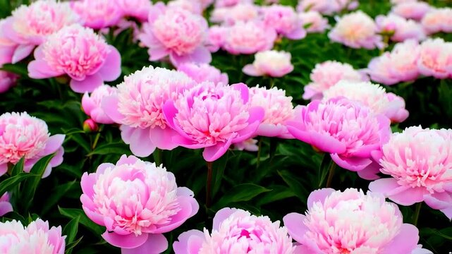 A vibrant field of blooming, fluffy, pink peonies with dark green leaves. Lush petals fill frame