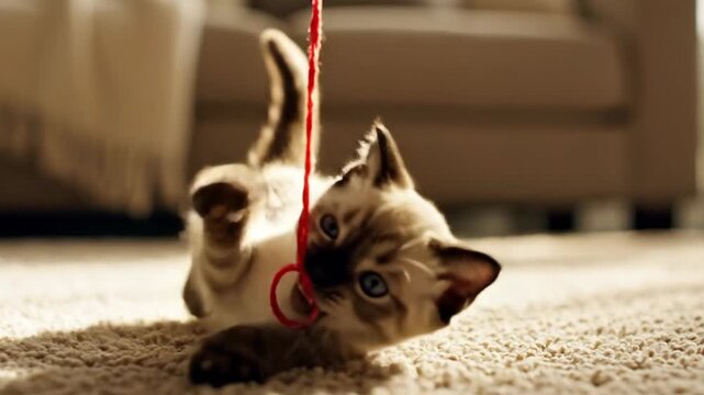 Playful Siamese Kitten Bats at a Dangling String, Low Angle View