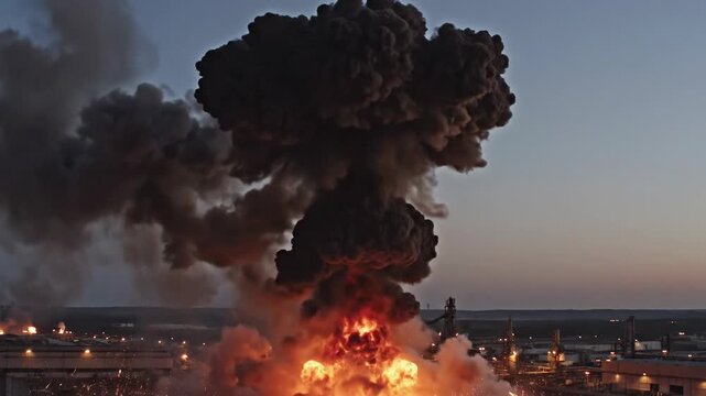 A large, fiery explosion erupts in an industrial area, spewing smoke and sparks