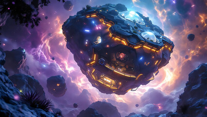 Futuristic asteroid base illuminated with glowing lights inside a nebula
