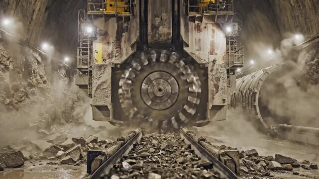 A large machine bores through rock in a tunnel, creating a debris pile and dust clouds