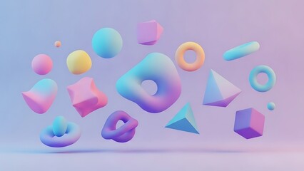 Dynamic composition of floating abstract 3D geometric and organic shapes in pastel gradient colors, creating a modern and ethereal visual art background