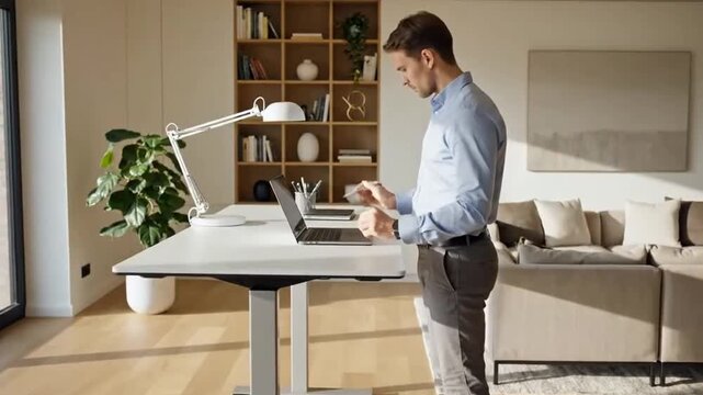 Perfect Shot Of Man Working On Laptop At Adjustable Standing Desk In Modern Home Living Room For Remote Work Concept And Future Success Purpose