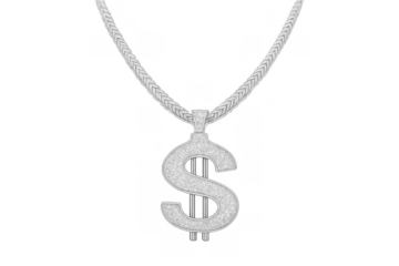 Silver chain necklace with dollar sign pendant, representing wealth, luxury, and financial success on transparent background