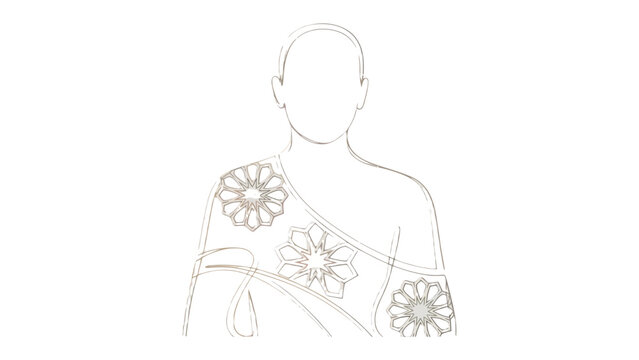Serene Ascetic's Meditation: A line-art depiction of a peaceful figure, robed and adorned, suggests a deep state of meditation and spiritual contemplation.
