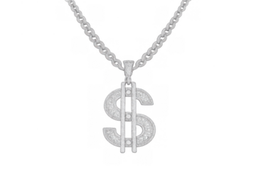 Shiny dollar sign pendant, embellished with sparkling gems, hanging from a silver chain. Symbolizing monetary wealth and luxury