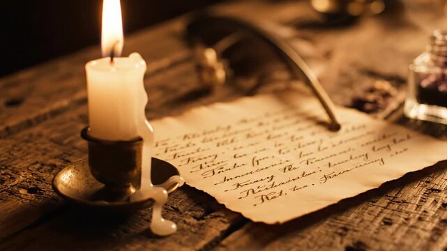 A lit candle next to a handwritten letter. Old ink and paper create a vintage ambiance