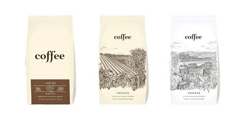 set of coffee packaging design with lettering "coffee" and line art illustration on the label, one package is white color, second packaage has brown color and third packhideong having yellow colour, a