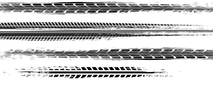 Tire track. Car, bike, motorcycle tyre mark with grunge effect isolated on white background. Wheel footprint on the road. Top view of rubber protector mark. vector