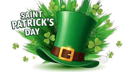 A festive green top hat with shamrocks and 'saint patrick's day' text against a vibrant background
