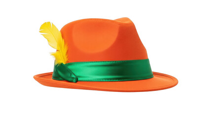 Fototapeta premium Bright orange hat with green ribbon and yellow flower isolated on transparent background