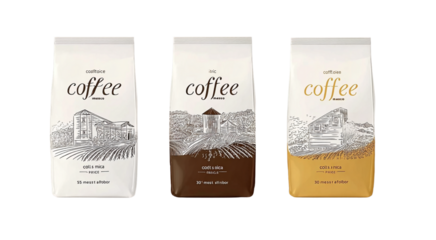 set of coffee packaging design with lettering "coffee" and line art illustration on the label, one package is white color, second packaage has brown color and third packhideong having yellow colour, a