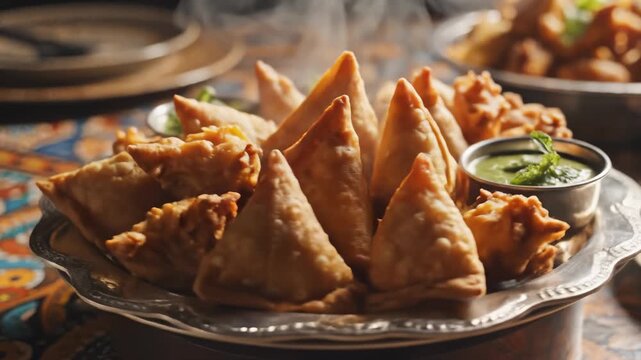 Serving Samosas on Silver Platter With Mint Chutney Dip, Close Up
