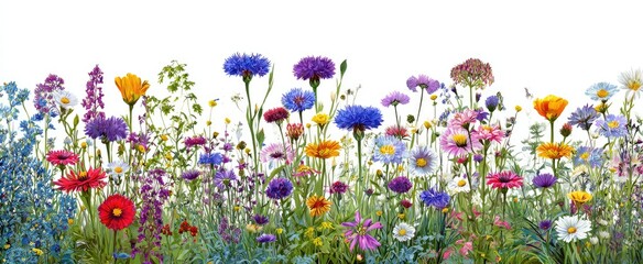Vivid wildflower meadow against a white background, various colors and heights