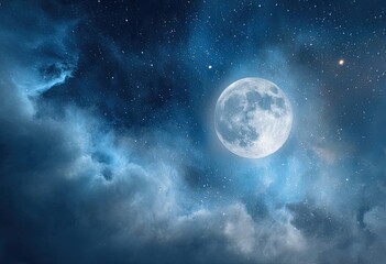 Shining full moon amid wispy clouds and twinkling stars in the night sky