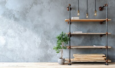 Minimalist industrial-style shelving unit against textured concrete wall