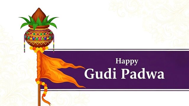 Happy gudi padwa celebration with traditional gudi, kalash, and dhwaj on a white background