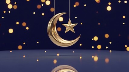 Crescent moon and star sculpture made of gold metal, floating above a calm reflective surface, night sky background with soft bokeh lights, Ramadan theme.