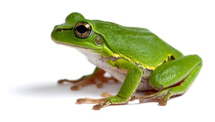 Obraz premium A vibrant green tree frog sits poised on a clean white background.