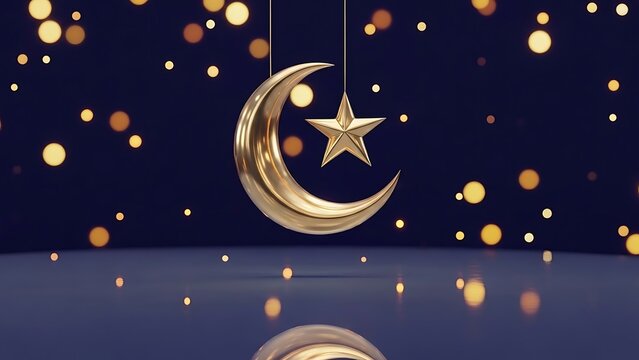 Crescent moon and star sculpture made of gold metal, floating above a calm reflective surface, night sky background with soft bokeh lights, Ramadan theme. - Powered by Adobe