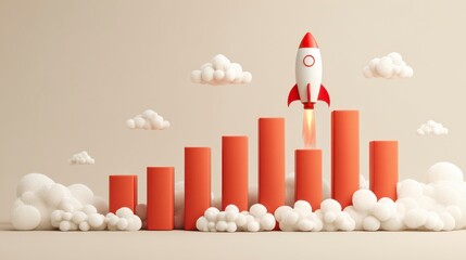 A red and white rocket blasts off above ascending red bar graphs, with fluffy clouds against a beige backdrop, symbolizing growth