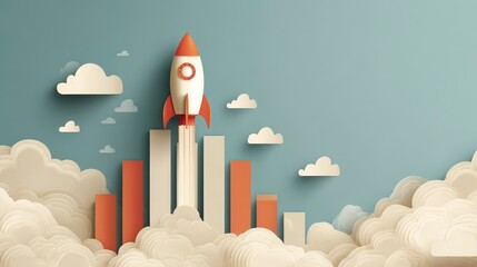 A stylized illustration depicting a rocket launching above stacked bar graphs and clouds on a blue background