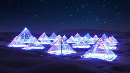 Illuminated geometric pyramids set within a dark starry landscape